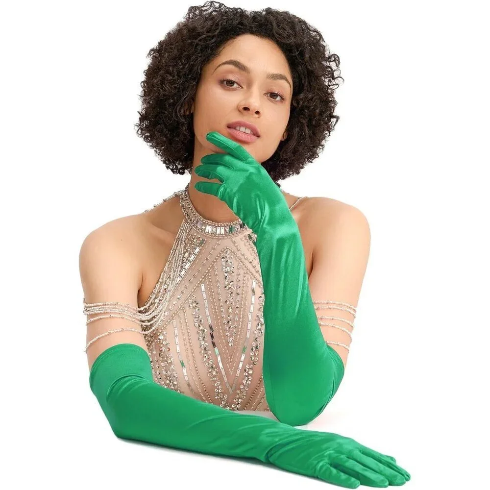Women's Evening Green Long Satin Gloves Elbow Length Formal Party Prom Wear
